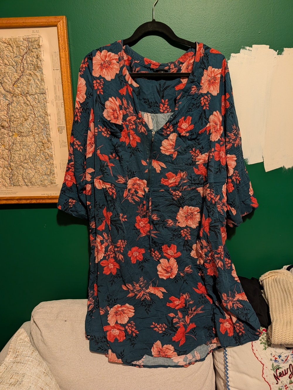Torrid Teal Floral V-Neck Tunic Dress with Coral Flowers
